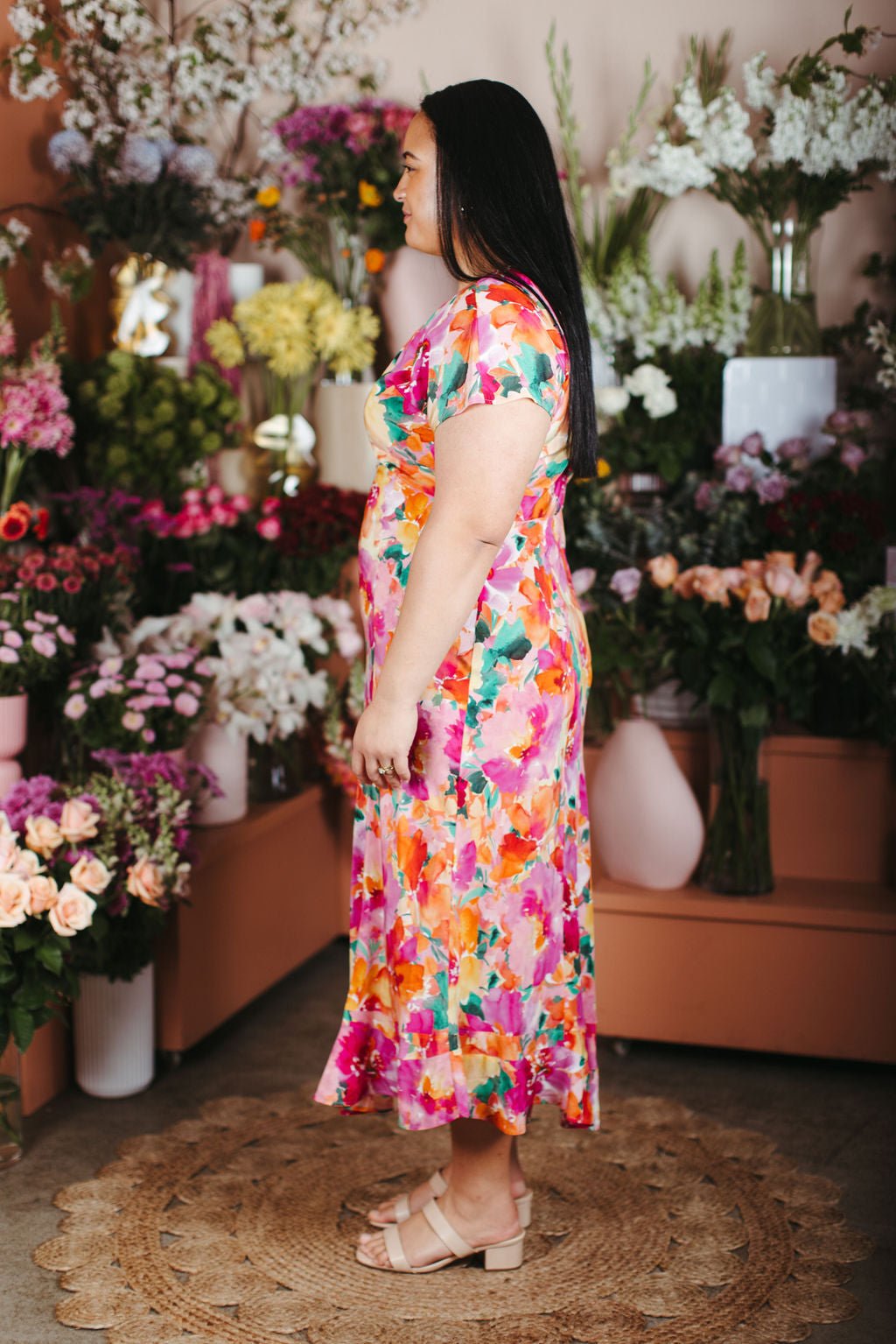 Floral silk best sale midi dress